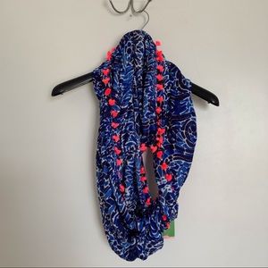 Lilly Pulitzer Blue Floral Infinity Scarf with Neon Pink Pom Trim